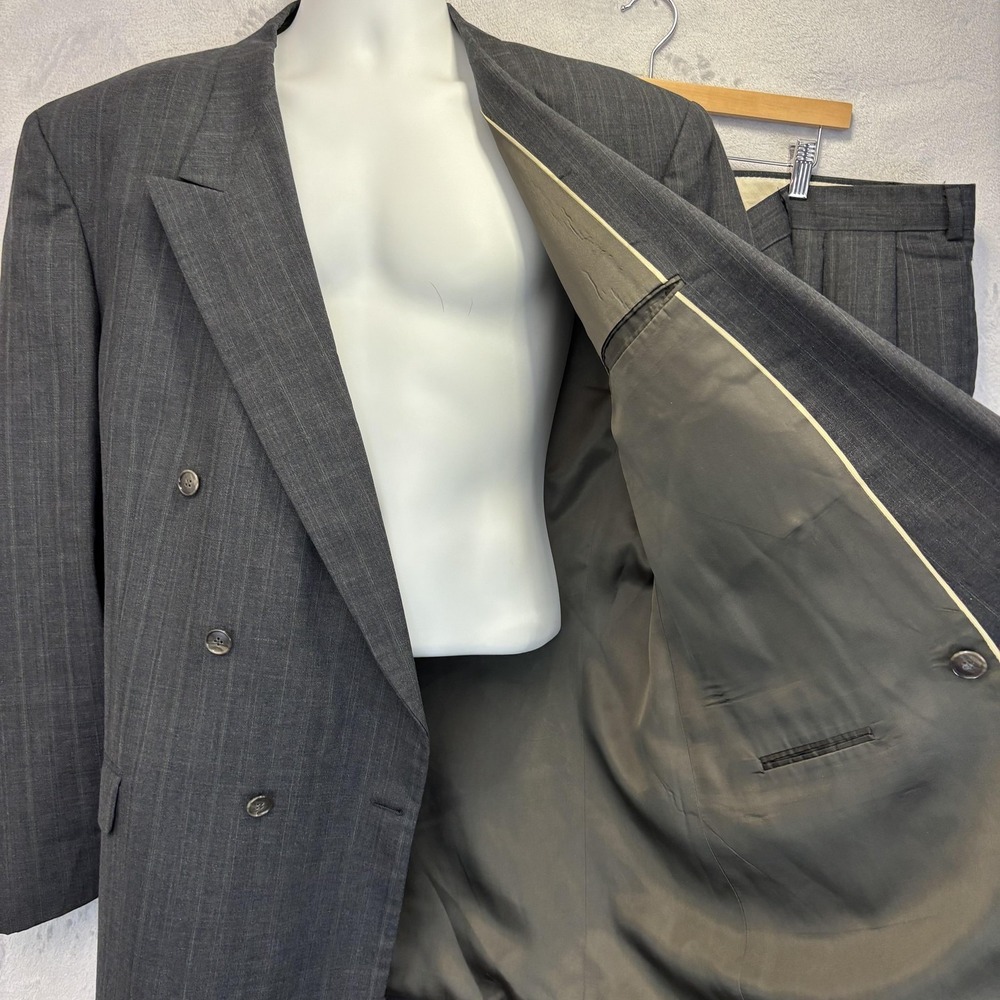 Vintage 2 Pc USA Made Double Breasted Suit Mens 44L 44x32 Old Money Jacket Pants - Picture 15 of 16